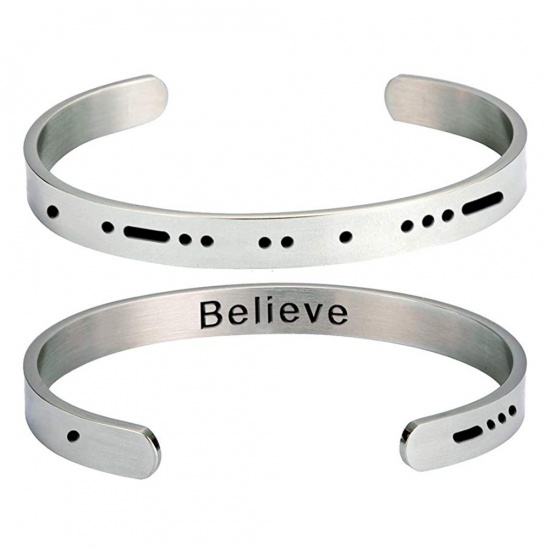 Picture of Stainless Steel Morse Code Open Cuff Bangles Bracelets Silver Tone Message " Believe " 60mm Dia., 1 Piece