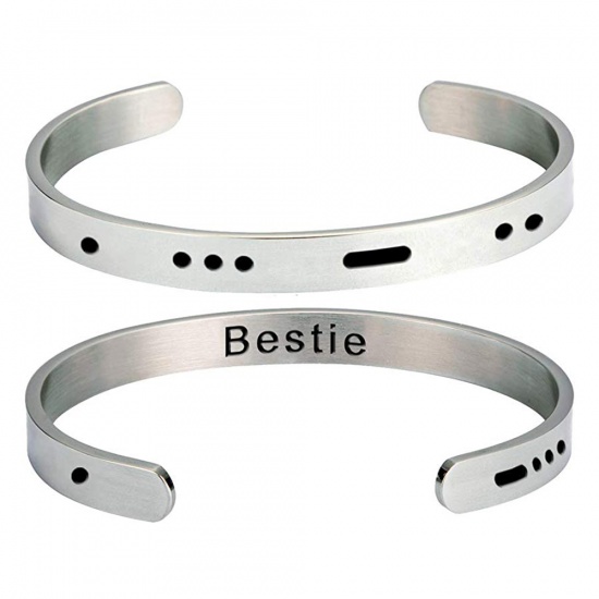 Picture of Stainless Steel Morse Code Open Cuff Bangles Bracelets Silver Tone Message " Bestie " 60mm Dia., 1 Piece