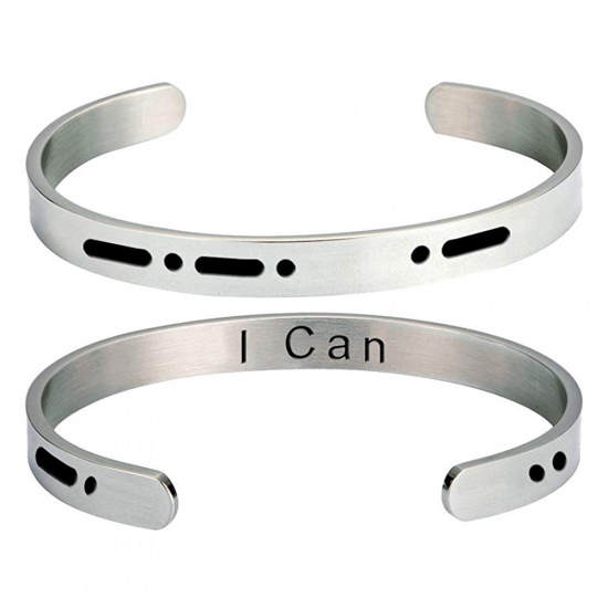 Picture of Stainless Steel Morse Code Open Cuff Bangles Bracelets Silver Tone Message " I Can " 60mm Dia., 1 Piece