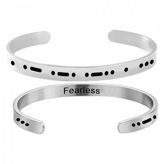 Picture of Stainless Steel Morse Code Open Cuff Bangles Bracelets Silver Tone Message " Fearless " 60mm Dia., 1 Piece