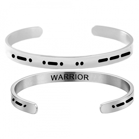 Picture of Stainless Steel Morse Code Open Cuff Bangles Bracelets Silver Tone Message " WARRIOR " 60mm Dia., 1 Piece
