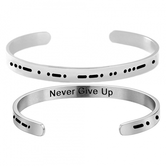 Picture of Stainless Steel Morse Code Open Cuff Bangles Bracelets Silver Tone Message " NEVER GIVE UP " 60mm Dia., 1 Piece