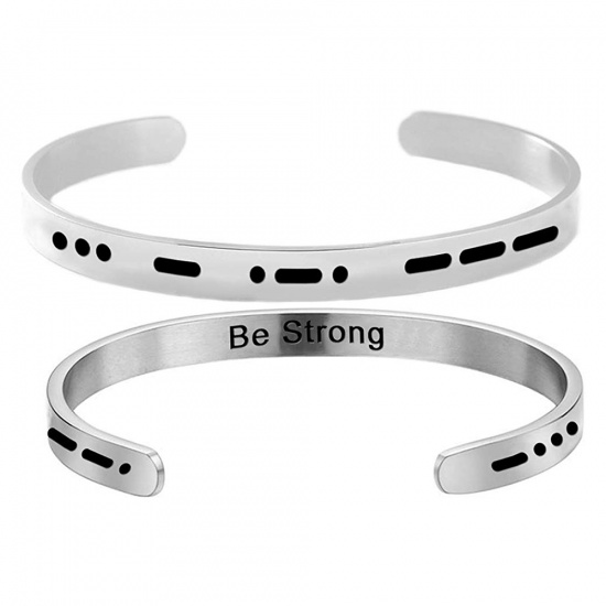 Picture of Stainless Steel Morse Code Open Cuff Bangles Bracelets Silver Tone Message " Be Strong " 60mm Dia., 1 Piece