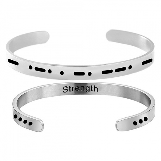 Picture of Stainless Steel Morse Code Open Cuff Bangles Bracelets Silver Tone Message " STRENGTH " 60mm Dia., 1 Piece
