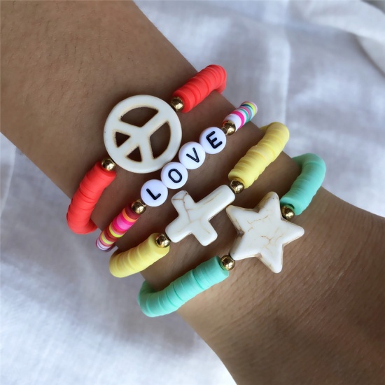 Bild von Polymer Clay Boho Chic Bohemia Dainty Bracelets Delicate Bracelets Katsuki Beaded Bracelet Mixed Color Cross Pentagram Star Message " LOVE " Elastic 18cm(7 1/8") long, 1 Set ( 4 PCs/Set)