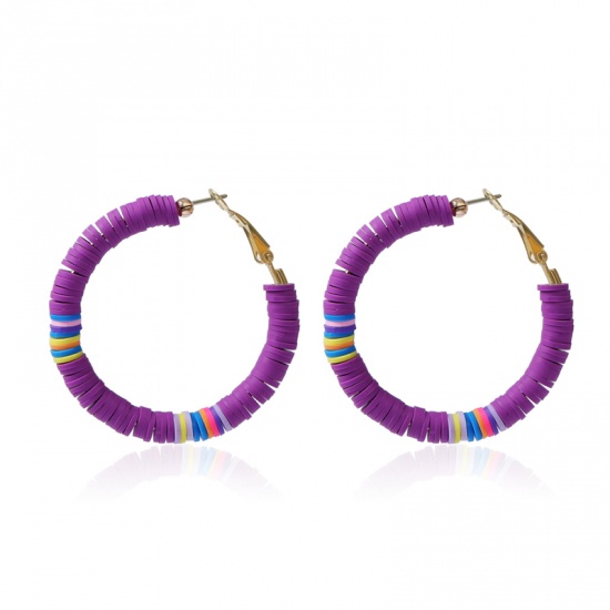 Picture of Polymer Clay Boho Chic Bohemia Katsuki Beaded Hoop Earrings Purple Circle Ring 5cm Dia, 1 Pair