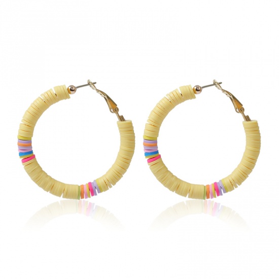 Picture of Polymer Clay Boho Chic Bohemia Katsuki Beaded Hoop Earrings Yellow Circle Ring 5cm Dia, 1 Pair