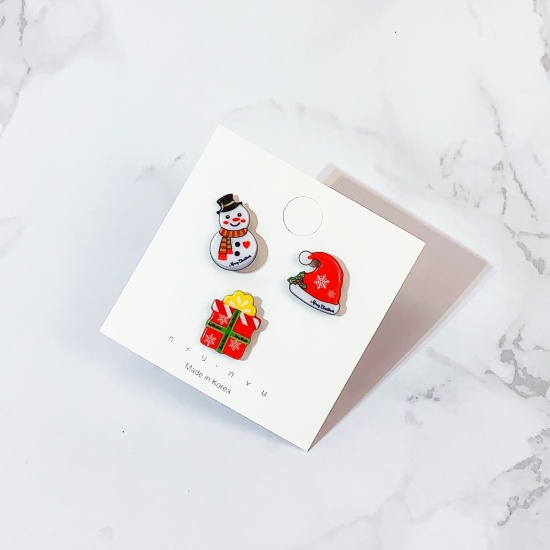 Picture of Acrylic Pin Brooches Christmas Snowman Hat Mixed Color 26mm x 20mm - 22mm x 19mm, 1 Set ( 3 PCs/Set)