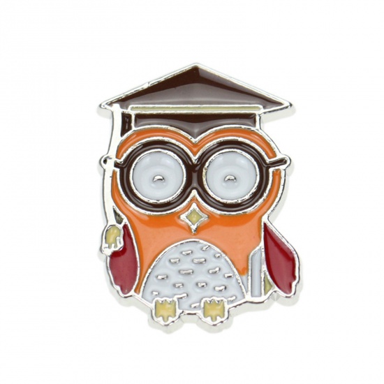 Picture of Zinc Based Alloy Pin Brooches Owl Animal Multicolor Enamel 27mm x 19mm, 1 Piece