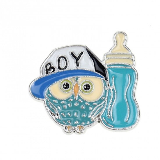 Picture of Zinc Based Alloy Pin Brooches Milk Bottle Owl Blue Enamel 28mm x 25mm, 1 Piece