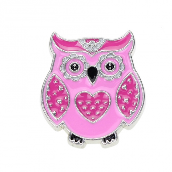 Picture of Zinc Based Alloy Pin Brooches Owl Animal Fuchsia Enamel 25mm x 22mm, 1 Piece