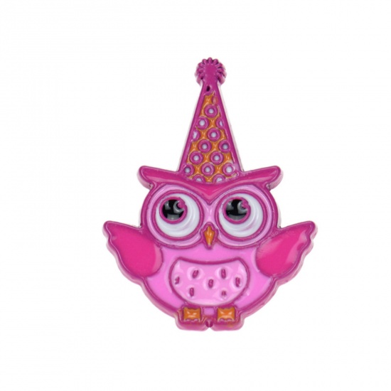 Picture of Zinc Based Alloy Pin Brooches Owl Animal Hat Fuchsia Enamel 27mm x 21mm, 1 Piece