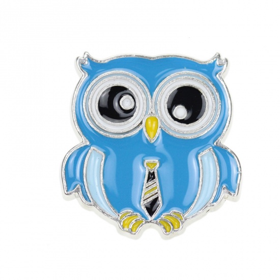 Picture of Zinc Based Alloy Pin Brooches Tie Owl Blue Enamel 24mm x 23mm, 1 Piece