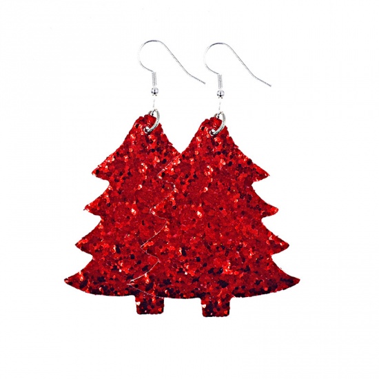 Imagen de PU Pendientes Rojo Árbol de Navidad Sequins 75mm x 45mm, 1 Par