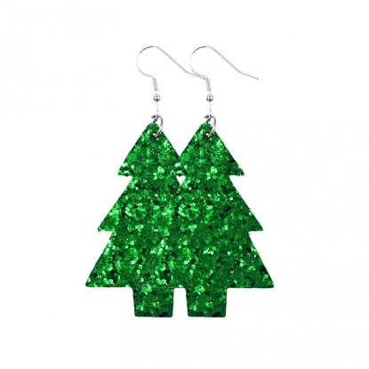Bild von PU Ohrring Grün Weihnachten Weihnachtsbaum Paillette 75mm x 45mm, 1 Paar
