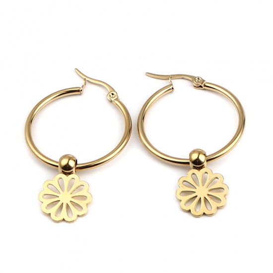 Immagine di Acciaio Inossidabile orecchino cerchio Oro Placcato Anello Fiore 44mm x 29mm, Posta / Filo Dimensione: (17 misura), 1 Paio