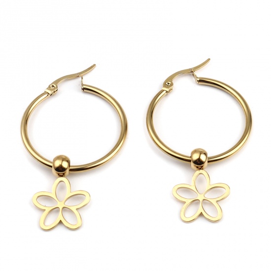 Immagine di Acciaio Inossidabile orecchino cerchio Oro Placcato Anello Fiore 44mm x 29mm, Posta / Filo Dimensione: (17 misura), 1 Paio