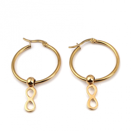 Immagine di Acciaio Inossidabile orecchino cerchio Oro Placcato Anello Simbolo di Infinito 45mm x 29mm, Posta / Filo Dimensione: (17 misura), 1 Paio