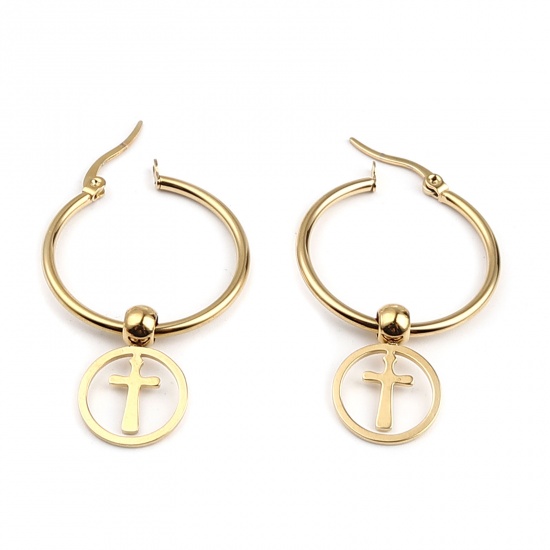 Immagine di Acciaio Inossidabile Religione orecchino cerchio Oro Placcato Tondo Croce 45mm x 29mm, Posta / Filo Dimensione: (17 misura), 1 Paio