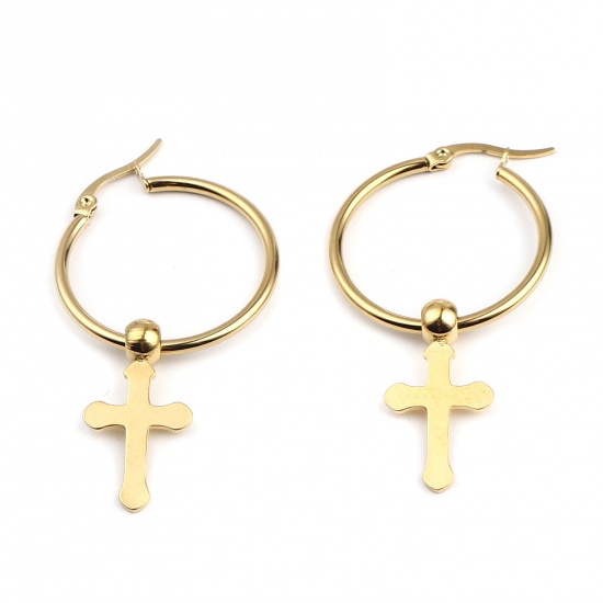 Immagine di Acciaio Inossidabile Religione orecchino cerchio Oro Placcato Anello Croce 50mm x 29mm, Posta / Filo Dimensione: (17 misura), 1 Paio