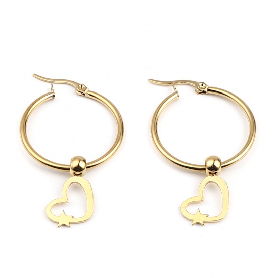 Immagine di Acciaio Inossidabile orecchino cerchio Oro Placcato Cuore Stella 45mm x 29mm, Posta / Filo Dimensione: (17 misura), 1 Paio