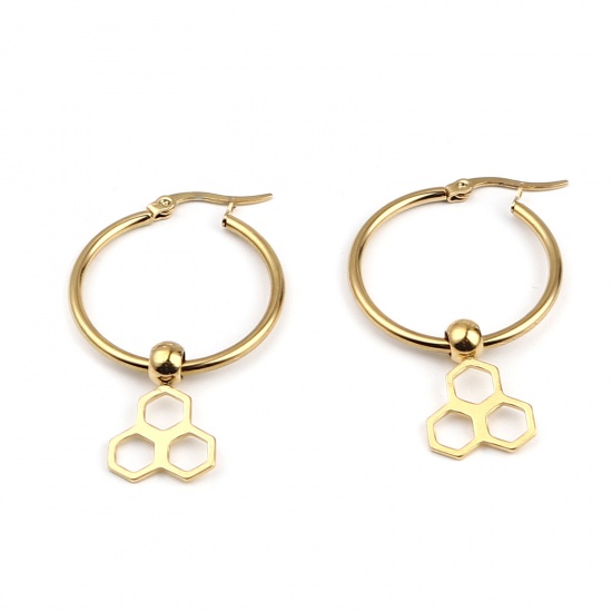 Immagine di Acciaio Inossidabile orecchino cerchio Oro Placcato L'alveare 44mm x 29mm, Posta / Filo Dimensione: (17 misura), 1 Paio