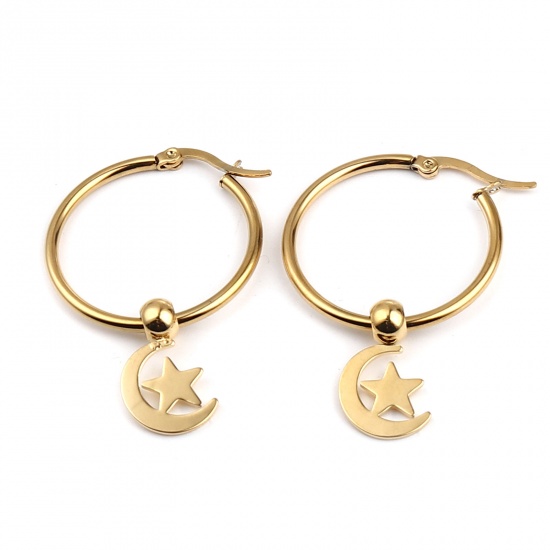 Immagine di Acciaio Inossidabile Galassia orecchino cerchio Oro Placcato Luna Stella 44mm x 29mm, Posta / Filo Dimensione: (17 misura), 1 Paio