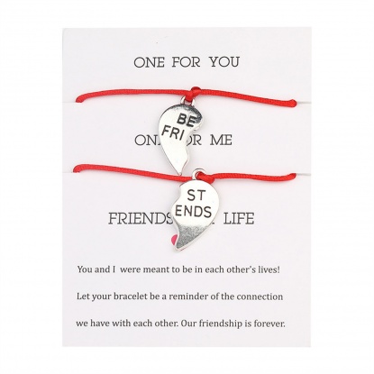 Bild von Terylen Kartonserie Geflochtene Armbänder Silberfarbe Rot Herz Message " BEST FRIENDS " Verstellbar 16cm lang, 1 Set ( 2 Stück/Set)