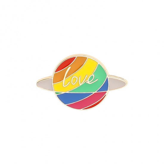 Picture of Rainbow Pin Brooches Universe Planet Message " LOVE " Multicolor Enamel 25mm x 15mm, 1 Piece