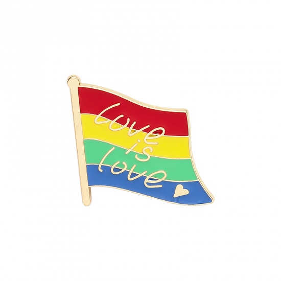 Picture of Rainbow Pin Brooches Flag Heart Message " LOVE IS LOVE " Multicolor Enamel 25mm x 25mm, 1 Piece