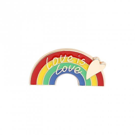 Picture of Rainbow Pin Brooches Heart Message " LOVE IS LOVE " Multicolor Enamel 25mm x 13mm, 1 Piece