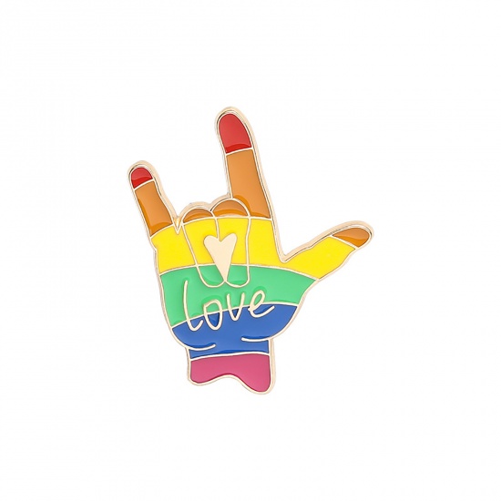 Picture of Rainbow Pin Brooches Rock N Roll Hand Sign Gesture Message " LOVE " Multicolor Enamel 31mm x 23mm, 1 Piece