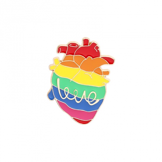 Picture of Rainbow Pin Brooches Anatomical Human Heart Message " LOVE " Multicolor Enamel 31mm x 23mm, 1 Piece