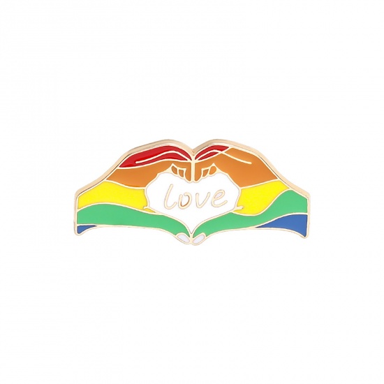 Picture of Rainbow Pin Brooches Love Hand Sign Gesture Message " LOVE " Multicolor Enamel 31mm x 15mm, 1 Piece