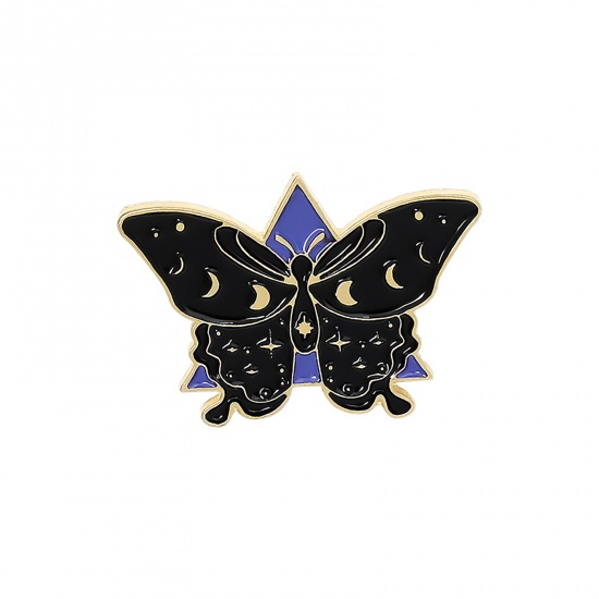 Picture of Pin Brooches Butterfly Animal Black & Purple Enamel 31mm x 23mm, 1 Piece