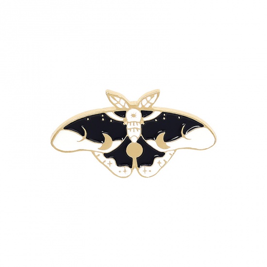 Picture of Pin Brooches Butterfly Animal Black & White Enamel 33mm x 18mm, 1 Piece