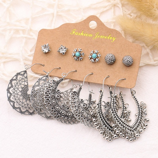 Picture of Acrylic Boho Chic Bohemia Earrings Antique Silver Color Marquise Snowflake Clear Rhinestone Imitation Turquoise 49mm, 6mm Dia., 1 Set ( 6 Pairs/Set)