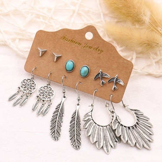 Picture of Acrylic Boho Chic Bohemia Earrings Antique Silver Color Dream Catcher Feather Imitation Turquoise 54mm, 8mm Dia., 1 Set ( 6 Pairs/Set)