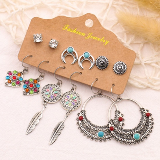 Picture of Acrylic Boho Chic Bohemia Earrings Antique Silver Color Circle Ring Feather Multicolor Rhinestone Imitation Turquoise 75mm, 6mm Dia., 1 Set ( 6 Pairs/Set)