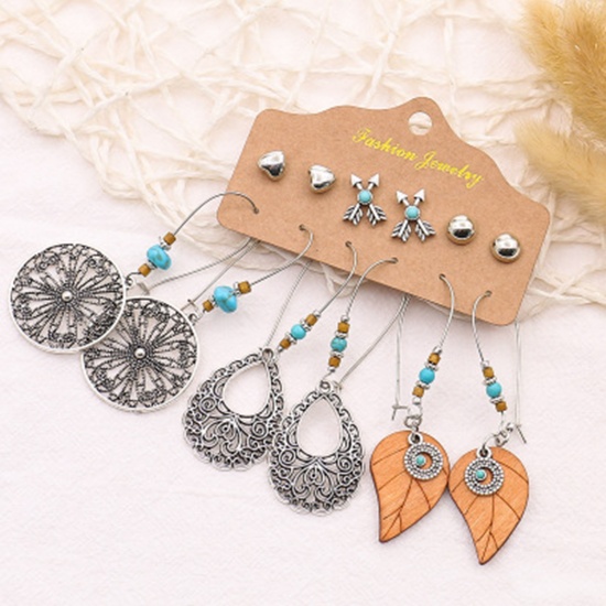 Picture of Acrylic Boho Chic Bohemia Earrings Antique Silver Color Drop Leaf Imitation Turquoise 73mm, 8mm Dia., 1 Set ( 6 Pairs/Set)
