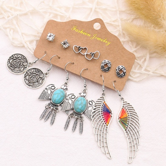 Picture of Acrylic Boho Chic Bohemia Earrings Antique Silver Color Multicolor Bird Animal Wing Clear Rhinestone Imitation Turquoise 75mm, 6mm Dia., 1 Set ( 6 Pairs/Set)