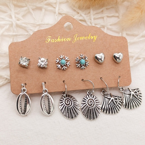 Picture of Acrylic Boho Chic Bohemia Earrings Antique Silver Color Shell Heart Clear Rhinestone Imitation Turquoise 1 Set ( 6 Pairs/Set)