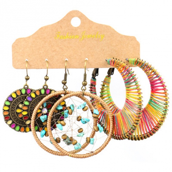 Picture of Boho Chic Bohemia Earrings Antique Bronze Multicolor Round 1 Set ( 3 Pairs/Set)