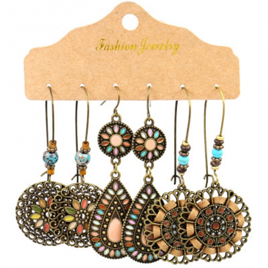 Picture of Boho Chic Bohemia Earrings Antique Bronze Multicolor Round Drop Enamel 1 Set ( 3 Pairs/Set)
