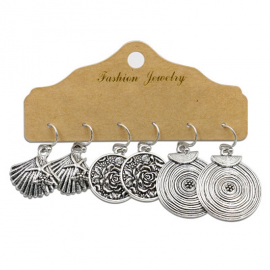 Picture of Boho Chic Bohemia Earrings Antique Silver Color Scallop Round 1 Set ( 3 Pairs/Set)
