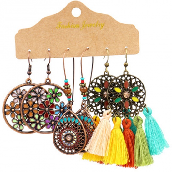 Picture of Boho Chic Bohemia Tassel Earrings Mixed Color Round Flower 1 Set ( 3 Pairs/Set)