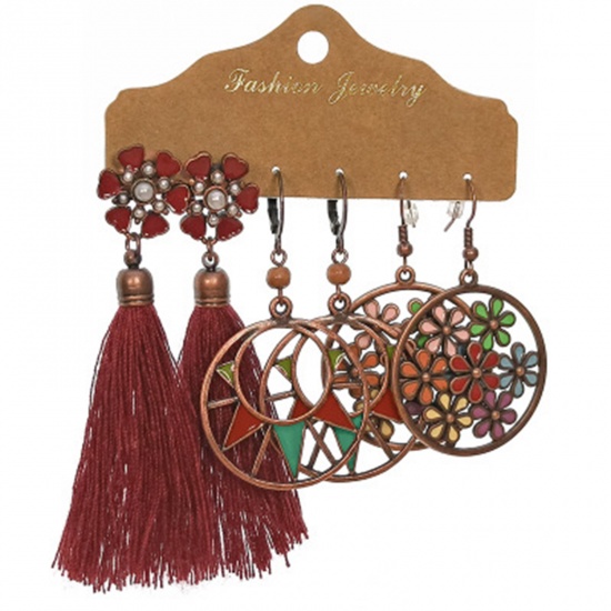 Picture of Boho Chic Bohemia Tassel Earrings Antique Copper Round Flower Enamel 1 Set ( 3 Pairs/Set)