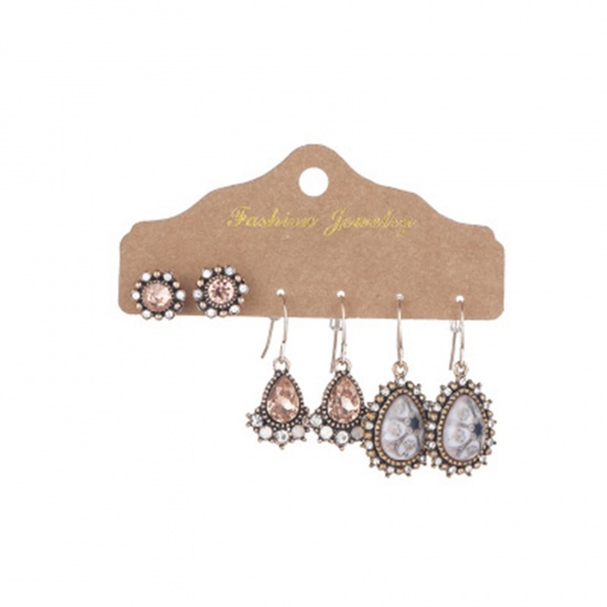 Picture of Boho Chic Bohemia Earrings Antique Copper Oval Drop Clear Rhinestone 38mm x 18mm - 12mm x 12mm, 1 Set ( 3 Pairs/Set)