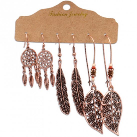 Picture of Boho Chic Bohemia Earrings Antique Copper Dream Catcher Feather 58mm x 10mm - 43mm x 15mm, 1 Set ( 3 Pairs/Set)