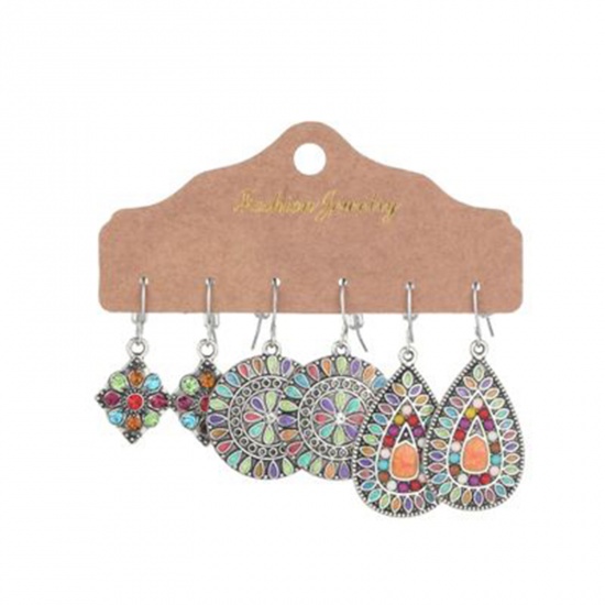 Picture of Boho Chic Bohemia Earrings Antique Silver Color Round Drop Multicolor Rhinestone Enamel 46mm x 20mm - 33mm x 16mm, 1 Set ( 3 Pairs/Set)